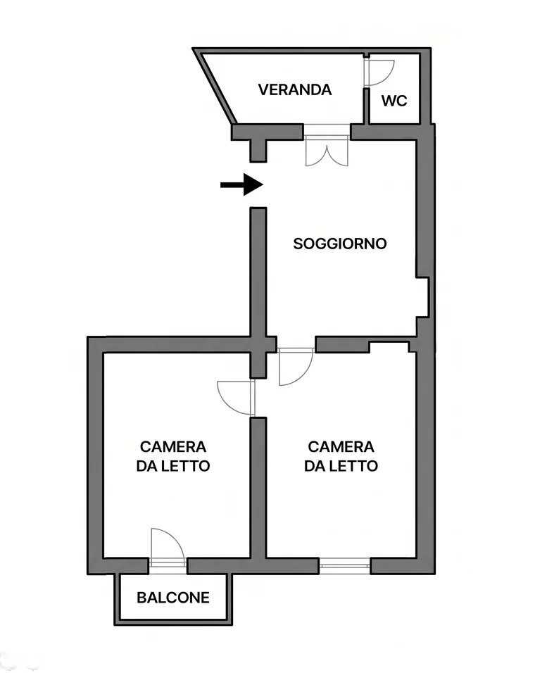 La stessa pianta ridisegnata: muri pieni, porte e finestre nette, i nomi dei vani in stampatello